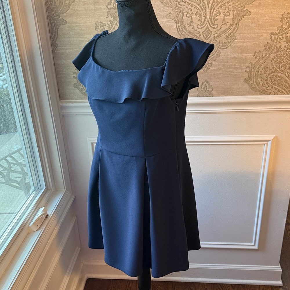 BCBGeneration Navy Mini Dress with Sleeveless Ruffle Neck Size 12